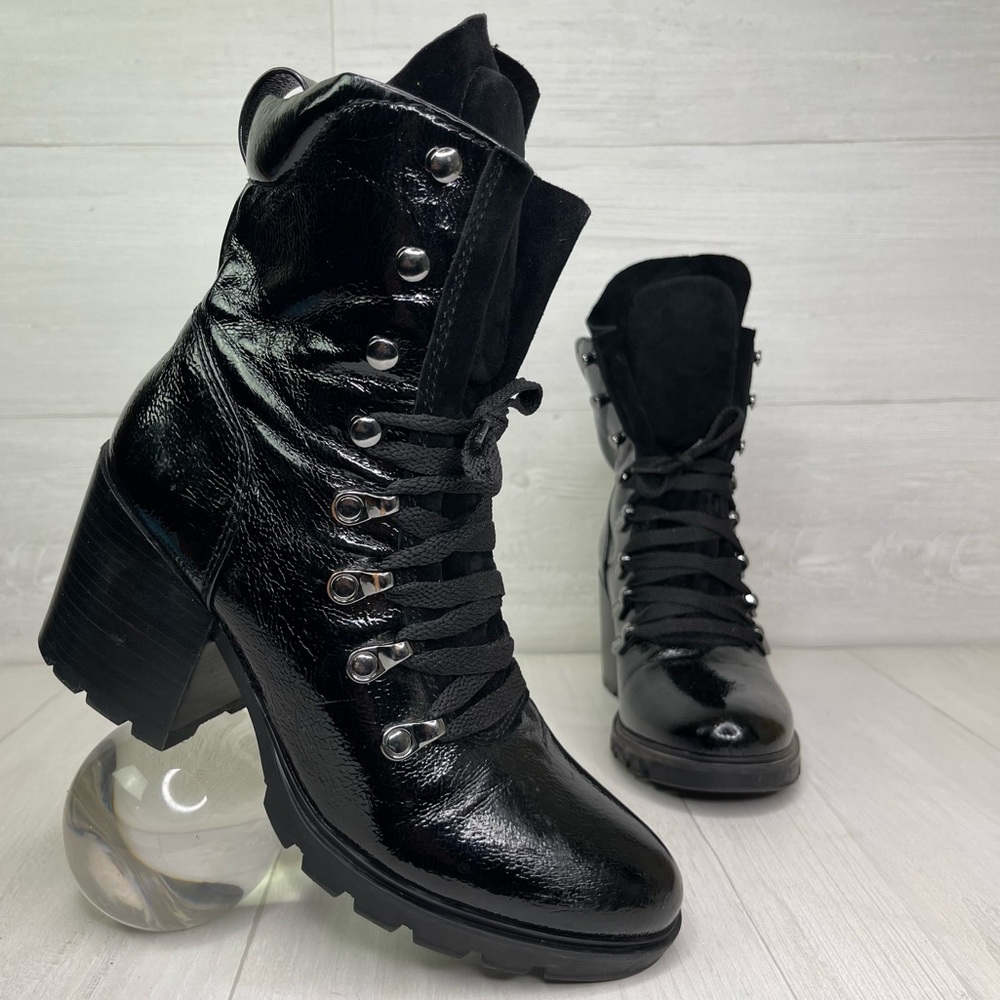 Kendall Kylie Spencer Black Patent Leather Goth Heel Combat Boots Women’s Sz 7.5